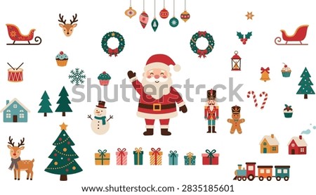 Christmas holiday vector set with Santa Claus, reindeer, wreaths, ornaments, gifts, candy canes, trees, nutcrackers, snowman, sleigh, houses and festive decorations
