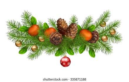 Christmas holiday vector spruce tree branch garland with cones and decoration on white background