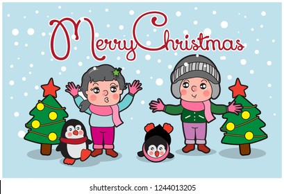 Christmas holiday vector for Year of 2019. Decorations
with funny couple kids with penguin on snowy light blue background. Great for New Year idea concept.
