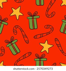 Christmas holiday vibrant pattern showcases gifts, candy canes, and stars in festive colors. vector illustration