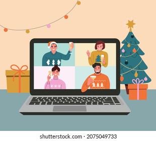 Christmas holiday. Video conference of different people with wine glasses. Laptop on the desk. Vector flat cartoon style illustration