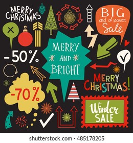 Christmas Holiday vintage sale set. Isolated on black background. Merry christmas, Merry and bright, Winter sale, Big and season sale text, handwritten. Vector design