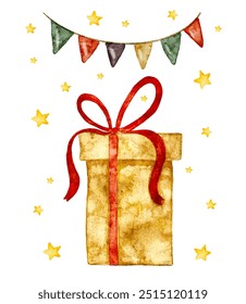 ilustração aquarela de Natal feriado, cartão de saudação bonito modelo caixa de presente, grinalda de ano novo