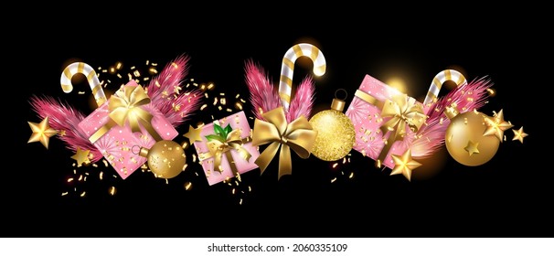 Christmas holiday winter background, vector winter x-mas greeting border, golden confetti, stars. Decoration noel banner, pink gift box, ribbon bow, candy cane, pine branch. Christmas presents border