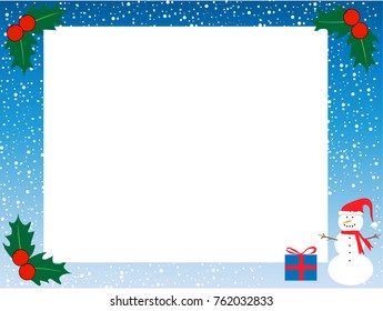 Christmas holiday or winter scene vector with snowman, present, and holly.  