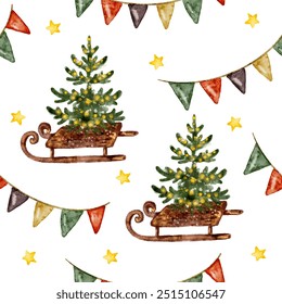 Christmas holiday winter seamless pattern with sled, star and Christmas tree, flags garland watercolor vector background