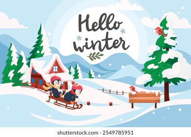 Christmas Holiday Winter Snow Background. Penguin sliding on snow. Vector illustration