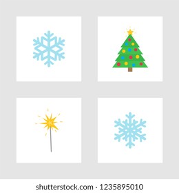 Christmas holiday winter symbols isolated icons vector. Snowflake ornament, bengal lights sign and pine tree decorated with toys ad baubles, garlands