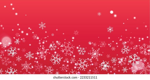 Christmas holiday winter template banner with flying white snowflakes at the bottom of red background. Flat, doodle, line art snowfall in the air.