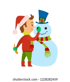 Christmas holiday, winter vacations of boy, kid holding carrot to build snowman vector. Mistletoe on hat of snow character, wearing knitted scarf