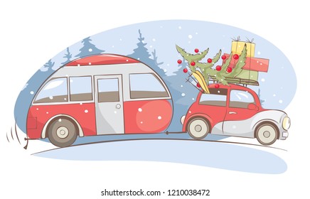 Christmas holiday, Winter vacations. Funny retro car with camping truck goes on a winter trip, vector illustration