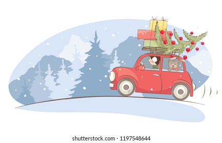 Navidad, vacaciones de invierno / Chica y perro llevan regalos y un árbol de Navidad, divertida ilustración vectorial