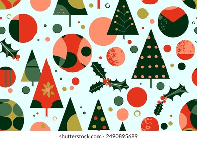 Christmas holiday wrapping paper. Present Christmas tree gifts cartoon trendy print. Happy New Year seamless pattern vector illustration