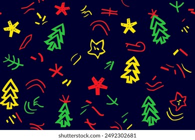 Christmas holiday wrapping paper. Present Christmas tree gifts cartoon trendy print. Happy New Year seamless pattern on black vector illustration