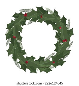 Christmas holiday wreath with spruce branches, holly leaves, and berries. Green twigs with red holly leaves and berries. Isolated on white background. Festive winter holiday design template.