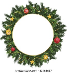 Christmas holiday wreath with yellow, gold, and red ornaments.