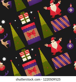 Weihnachtsfeiertag, Weihnachtsmuster mit Winterfiguren einzeln auf schwarzem Hintergrund, Vektorgrafik. Weihnachtsmann und Rentiere, präsentiert in dekorierten Kisten und immergrüner Fichte. Tanne mit Stern oben