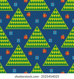Christmas Holiday,Pine tree and gift box seamless pattern.Beautiful Scandinavian woodland folk design.Geometric ornament.Abstract background.Nature forest illustration design for print decor,wallpaper