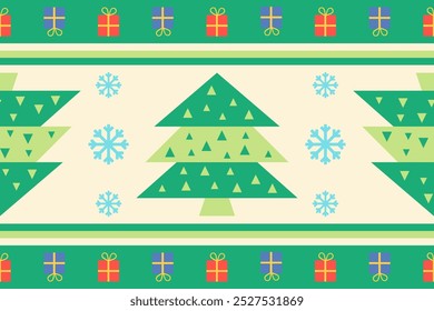 Christmas Holiday,Pine tree,gift box and snowflake seamless pattern.Beautiful scandinavian folk design.Geometric ornament.Abstract background.Nature forest illustration design for festival print decor