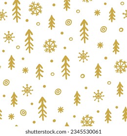 Christmas holidays abstract seamless pattern. Golden fir trees and snowflakes vector images on white background. Doodle wrapping paper