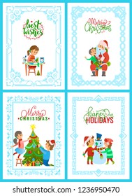 Christmas holidays activities girl making greeting card, boy tells wishes to Santa Claus, children decorating Xmas tree and playing with snowman, vector