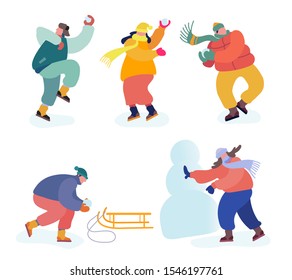Christmas Holidays Activities Set. Snowballs Battle between Friends Teams. Happy Young People Company in Warm Clothes Snow Balls Fight, Sledding and Making Snowman Cartoon Flat Vector Illustration