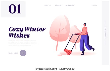 Christmas Holidays Activity and Outdoors Work Website Landing Page. Hardworking Woman Cleaning Road from Snow with Big Shovel after Winter Snowfall Web Page Banner. Cartoon Flat Vector Illustration