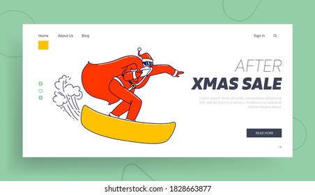 Christmas Holidays Activity, Spare Time Landing Page Template. Cool Santa Claus Character with Gift Bag on Shoulder, Red Costume and Sunglasses Perform Stunts on Snowboard. Linear Vector Illustration