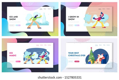 Christmas Holidays Activity Website Landing Page Set. People Playing Snow Balls Outdoors. Santa Claus Sitting at Fir Tree Reading Letter Festive Season Web Page Banner Cartoon Flat Vector Illustration