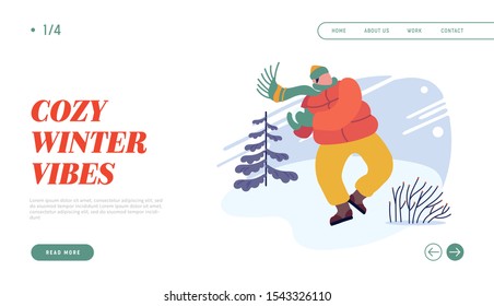 Christmas Holidays Activity Website Landing Page. Young Man in Warm Clothes Playing Snowballs on Street Throwing Snow Ball to Aim. Active Spare Time Web Page Banner. Cartoon Flat Vector Illustration