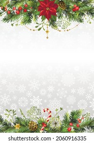 Christmas holidays background with branches, poinsettia flower, holly berry and space for text. Card or invitation template. Christmas frame. Vector illustration