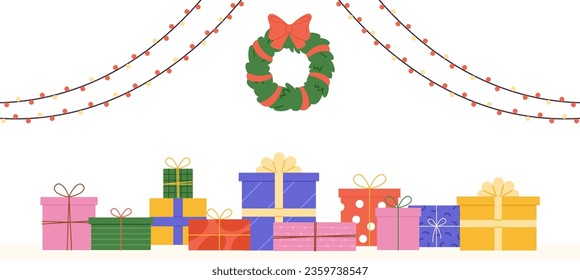 Christmas holidays background with garlands, gifts and fir tree wreath with red bow. New year and xmas decorations, winter vector banner template