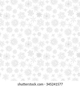Christmas Holidays Background with grey falling snowflakes on white background. Illustration of seasonal winter symbols for christmas and new year's eve celebration. Vector seamless pattern.