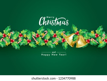 Christmas Holiday's Background with Season Wishes and Border of Garland Decorated with Holly branches, Stars, Candy Canes and Bells.