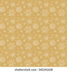 Christmas Holidays Background with white falling snowflakes on golden background. Illustration of seasonal winter symbols for christmas and new year's eve celebration. Vector seamless pattern.