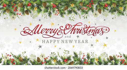 Christmas holidays banner or background with branches, poinsettia flower, holly berry and lettering inscription. Postcard. Christmas frame. Vector illustration.