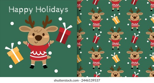 Christmas holidays banner and seamless pattern of Cute Reindeer wearing red sweater with gift boxes, snowflakes and Happy Holidays text on green background. Vector illustration.