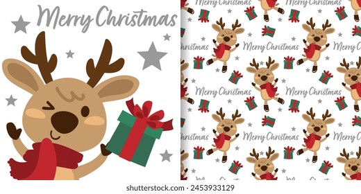 Christmas holidays banner and seamless pattern of Cute Reindeer wearing red sweater with gift boxes, stars and Merry Christmas text on white background. Vector illustration.