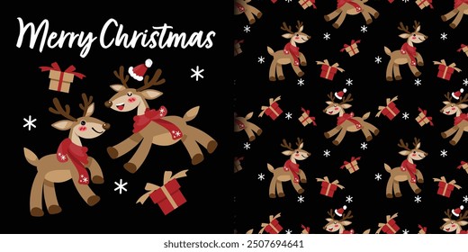 Christmas holidays banner and seamless pattern of cute reindeers wearing red scarf and Santa hat with gift boxes, snowflakes and Merry Christmas text on black background. Vector illustration.