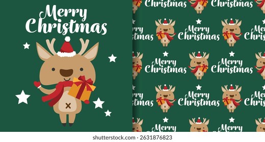 Banner Natal feriados e padrão sem costura de renas bonitas vestindo lenço vermelho e chapéu de Papai Noel segurando caixa de presente, estrelas e texto Feliz Natal no fundo verde. Ilustração vetorial 