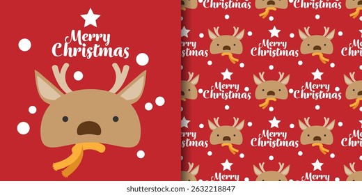 Christmas holidays banner and seamless pattern of cute reindeer wearing yellow scarf with snowflakes and Merry Christmas text with star on red background. Vector illustration for winter holidays.