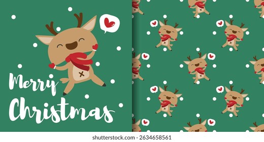 Christmas holidays banner and seamless pattern of cute reindeer wearing red scarf with snowflakes and Merry Christmas text on green background. Vector illustration for winter holidays.