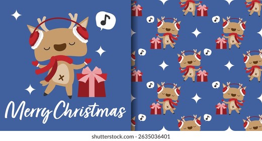 Christmas holidays banner and seamless pattern of cute reindeer wearing red scarf and earmuffs with Merry Christmas text on blue background. Vector illustration for winter holidays.