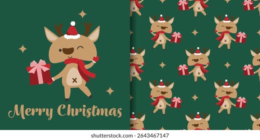 Banner Natal feriados e padrão sem costura de renas bonitas vestindo lenço vermelho e chapéu de Papai Noel segurando caixa de presente, estrelas e texto Feliz Natal no fundo verde. Ilustração vetorial