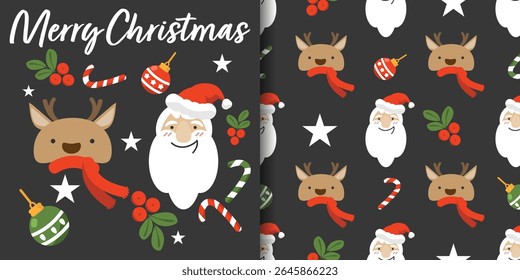 Christmas holidays banner and seamless pattern of Santa Claus with cute reindeer wearing red scarf, Christmas balls, candy cane, Holly berries and stars on black background. Vector illustration