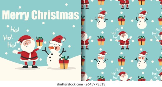Banner Natal feriados e padrão sem costura de Papai Noel segurando uma caixa de presente e boneco de neve vestindo chapéu de Papai Noel em fundo azul claro com flocos de neve. Ilustração vetorial.