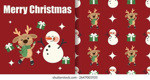 Christmas holidays banner and seamless pattern of cute reindeer wearing green scarf and snowman with gift boxes, Merry Christmas text and stars on red background. Vector illustration