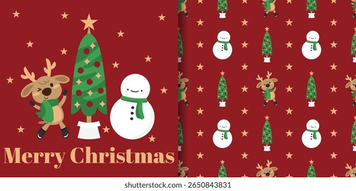 Christmas holidays banner and seamless pattern of cute reindeer wearing green scarf, snowman and Christmas tree with stars and Merry Christmas text on red background. Vector illustration