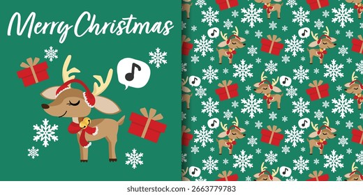 Banner Natal feriados e padrão sem costura de renas bonitas vestindo lenço vermelho e protetores de ouvido com caixa de presente e flocos de neve em fundo verde. Ilustração vetorial para feriados de inverno.