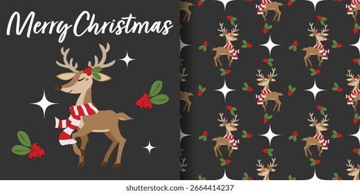 Navidades Anuncio de vacaciones y patrón sin fisuras de lindo reno con bufanda roja con bayas de Holly, texto de Navidades alegres y estrellas sobre fondo negro. Ilustración vectorial para las vacaciones de invierno.